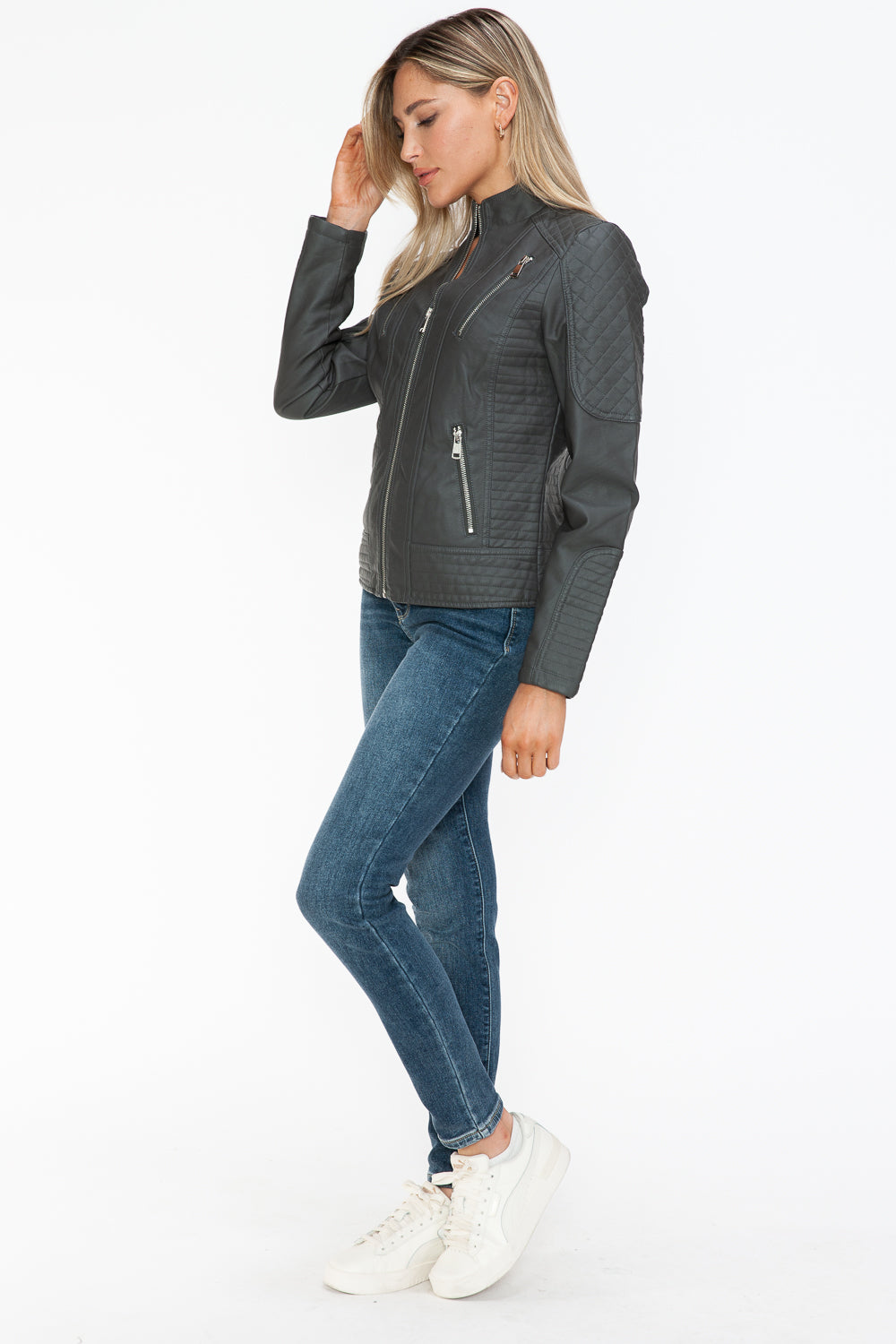 Snobbish Ready To Own The Night Faux Leather Zip Up Mock Neck Jacket in Charcoal