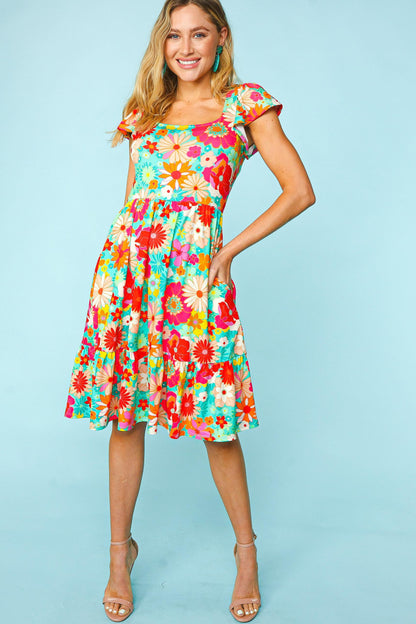 Haptics Minty Fresh Floral Square Neck Short Sleeve Dress with Pockets
