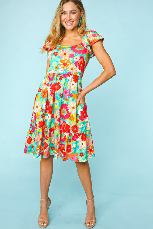 Haptics Minty Fresh Floral Square Neck Short Sleeve Dress with Pockets