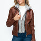 YMI Fuzzy Feels Faux Layered Double-Zipper Jacket with Fuzzy Hood in Brandy