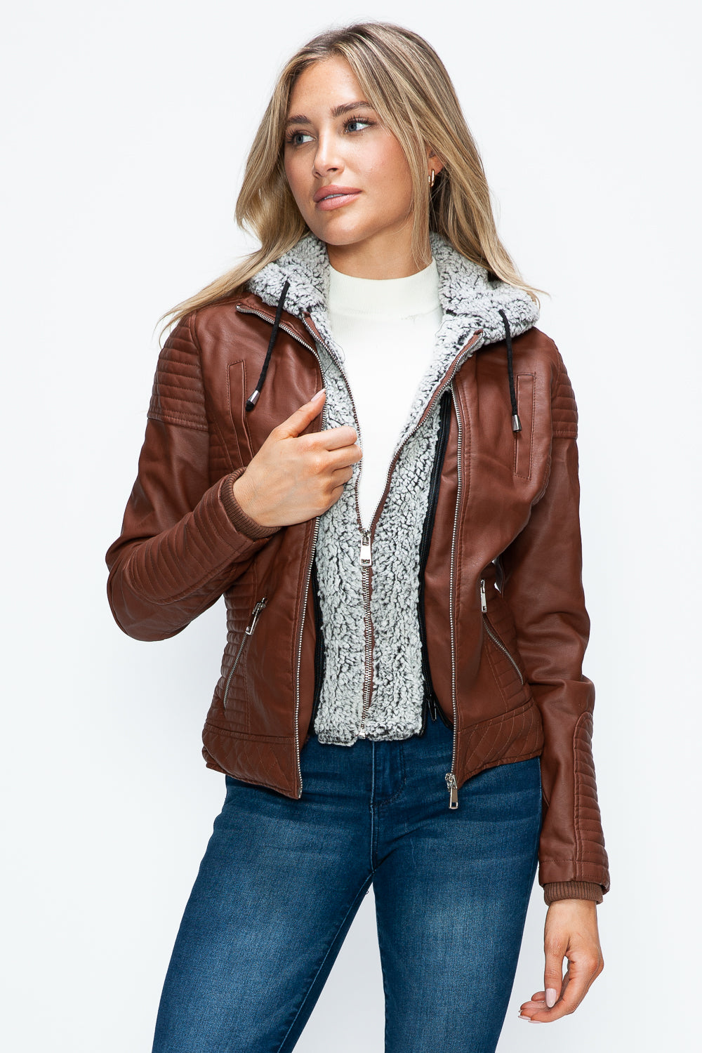 YMI Fuzzy Feels Faux Layered Double-Zipper Jacket with Fuzzy Hood in Brandy