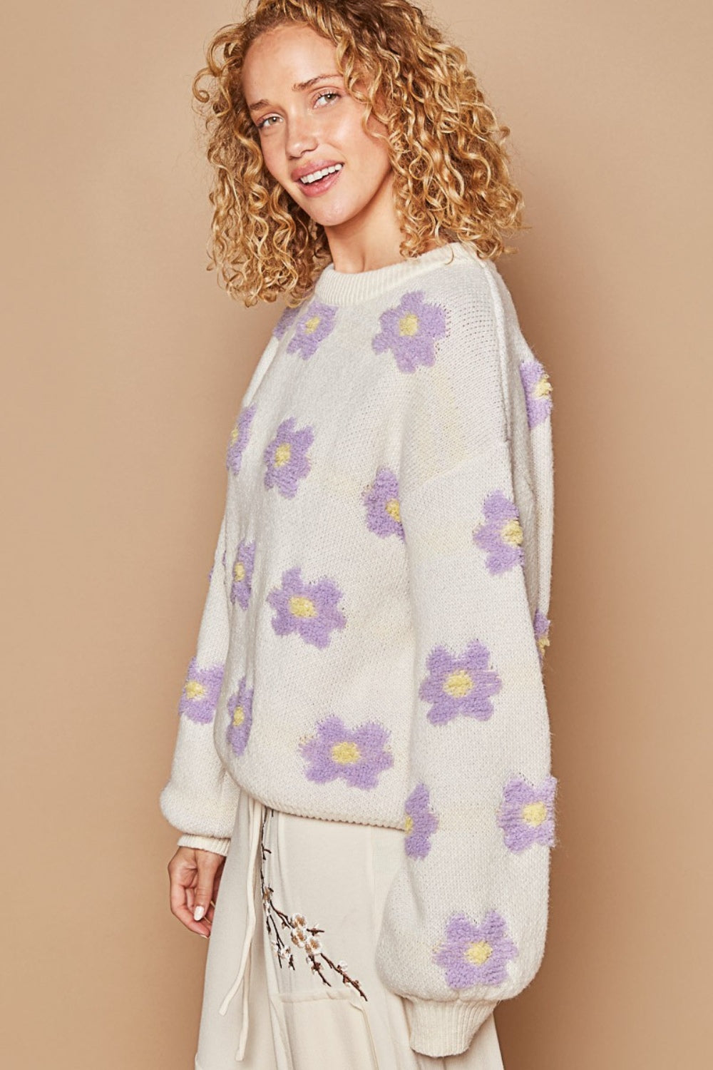 POL Petals of Perfection Daisy Pattern Drop Shoulder Sweater in Cream