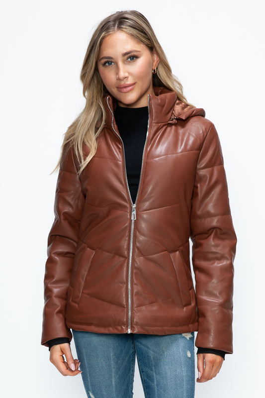 How Dare U Embrace The Chill Pocketed Zip Up Puffer Jacket with Removable Hood in Brandy