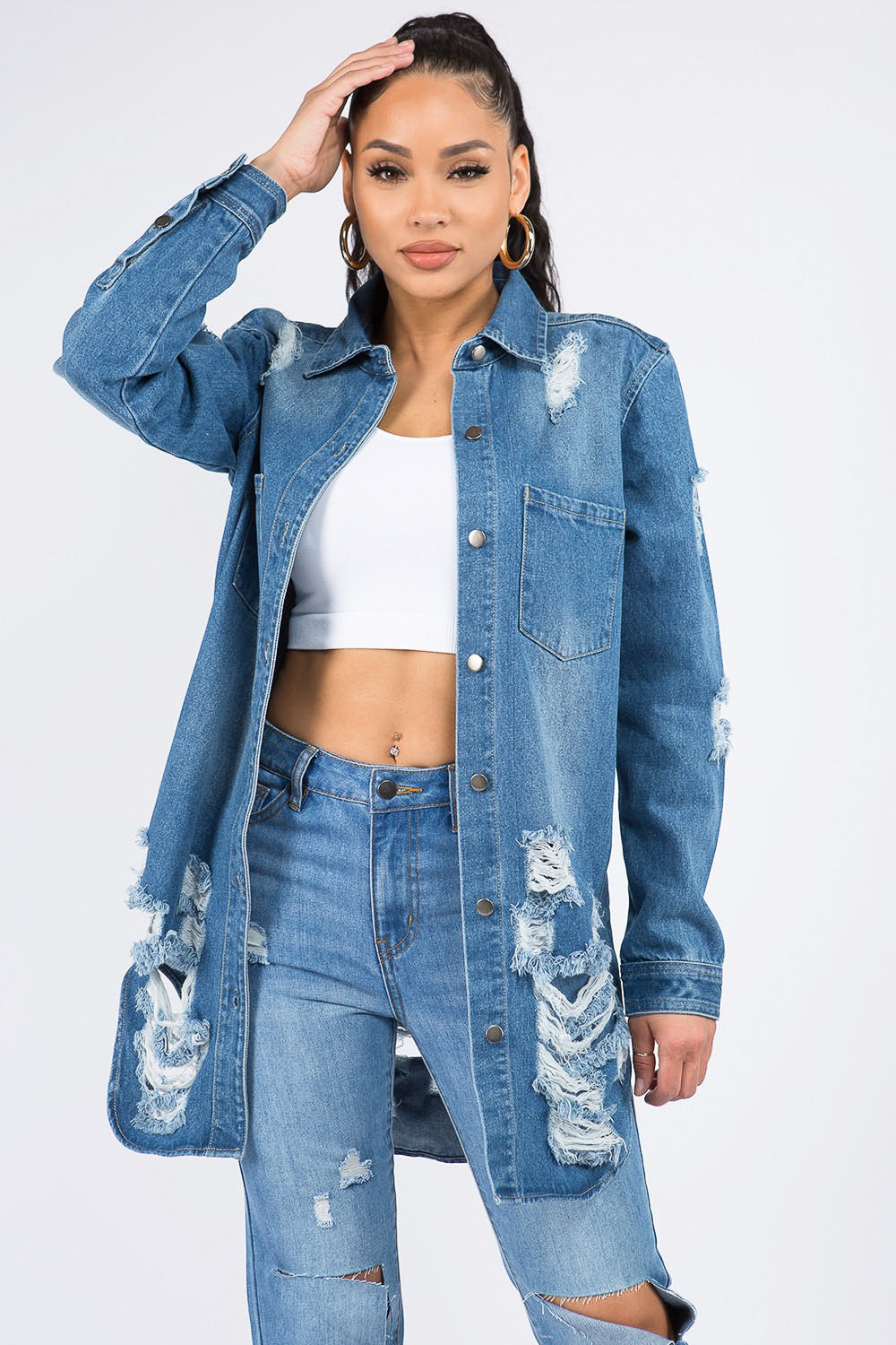 American Bazi Center Stage Distressed Button Down Denim Shirt Jacket