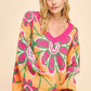 Davi & Dani Neon Sunshine Floral Contrast V-Neck Dropped Shoulder Sweater