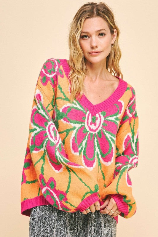 Davi & Dani Neon Sunshine Floral Contrast V-Neck Dropped Shoulder Sweater