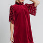 Umgee A Magic Match Dotted Lace Half Sleeve Mock Neck Back Tie Velvet Dress in Burgundy