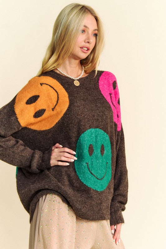 Davi & Dani Cozy Vibes & Big Smiles Contrast Oversize Sweater in Dark Brown