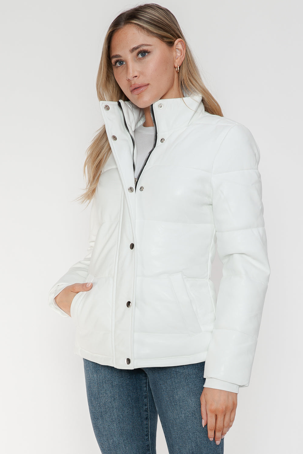 YMI Cozy Perfection Pocketed Zip Up Turtleneck Puffer Jacket in White