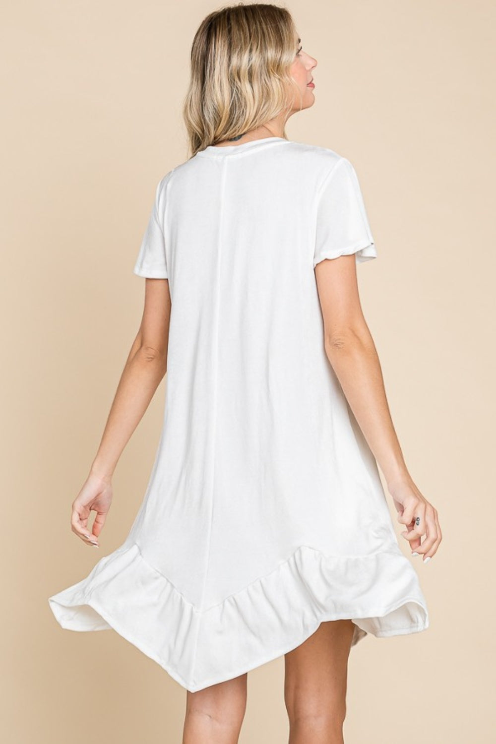 Culture Code Saving You Time Short Sleeve Ruffled Asymmetric Hem Dress in Soft White