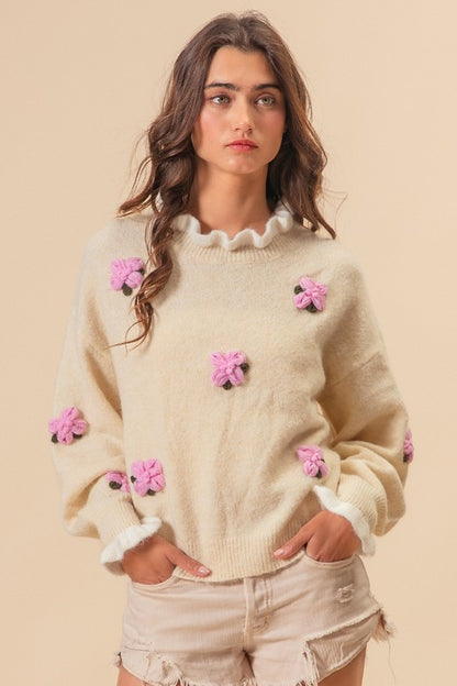 BiBi Falling For You Ruffled Crochet Flower Dropped Shoulder Sweater