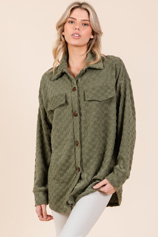 BOMBOM Checkmate Button Down Dropped Shoulder Checkered Shacket in Moss