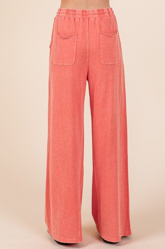 Mittoshop Vintage Dreamin' Mineral Wash French Terry Drawstring Wide Leg Pants in Orange-Red