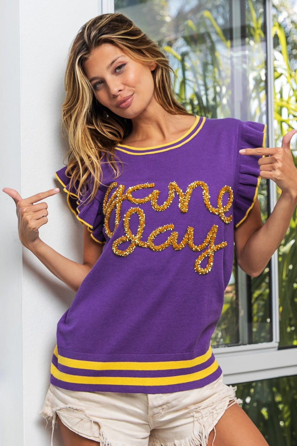 BiBi Game Day Letter Contrast Trim Ruffled Sleeveless Sweater in Purple/Gold