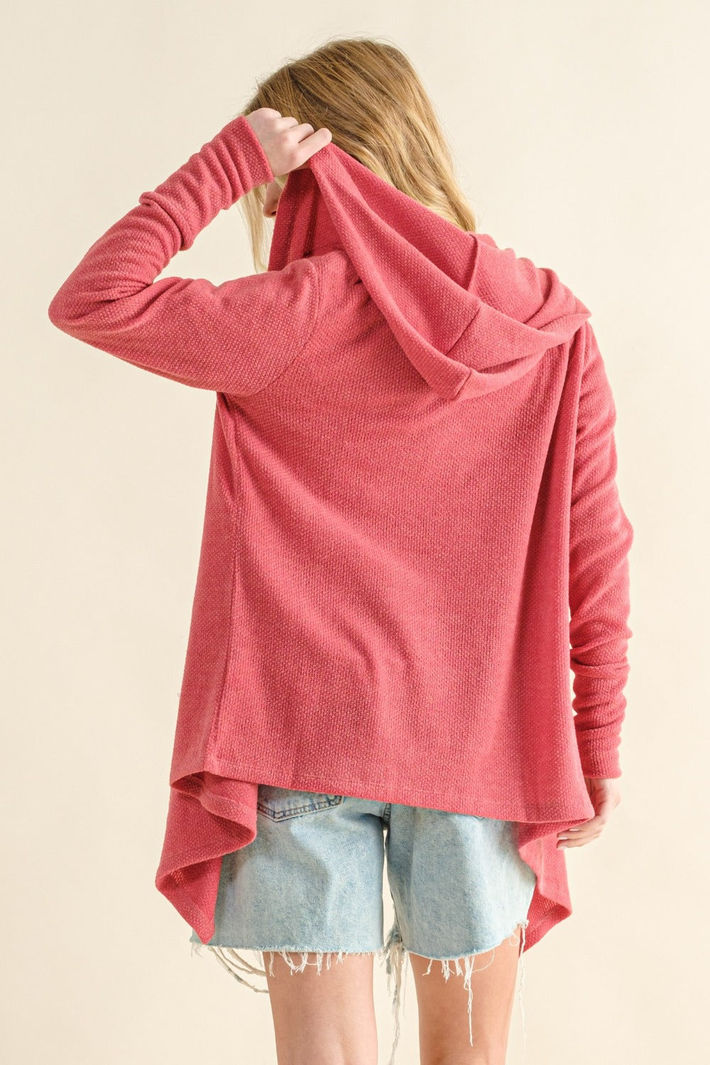 And The Why Take It Next Level Thermal Hooded Open Front Cardigan with Pockets in Rose Pink