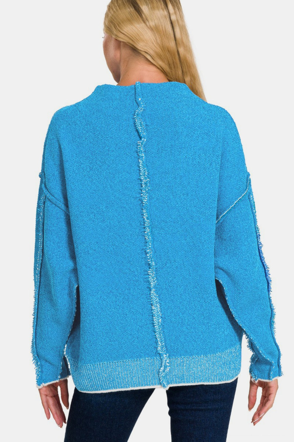 Zenana Everyday Cozy Exposed Seam Mock Neck Long Sleeve Sweater in Deep Sky