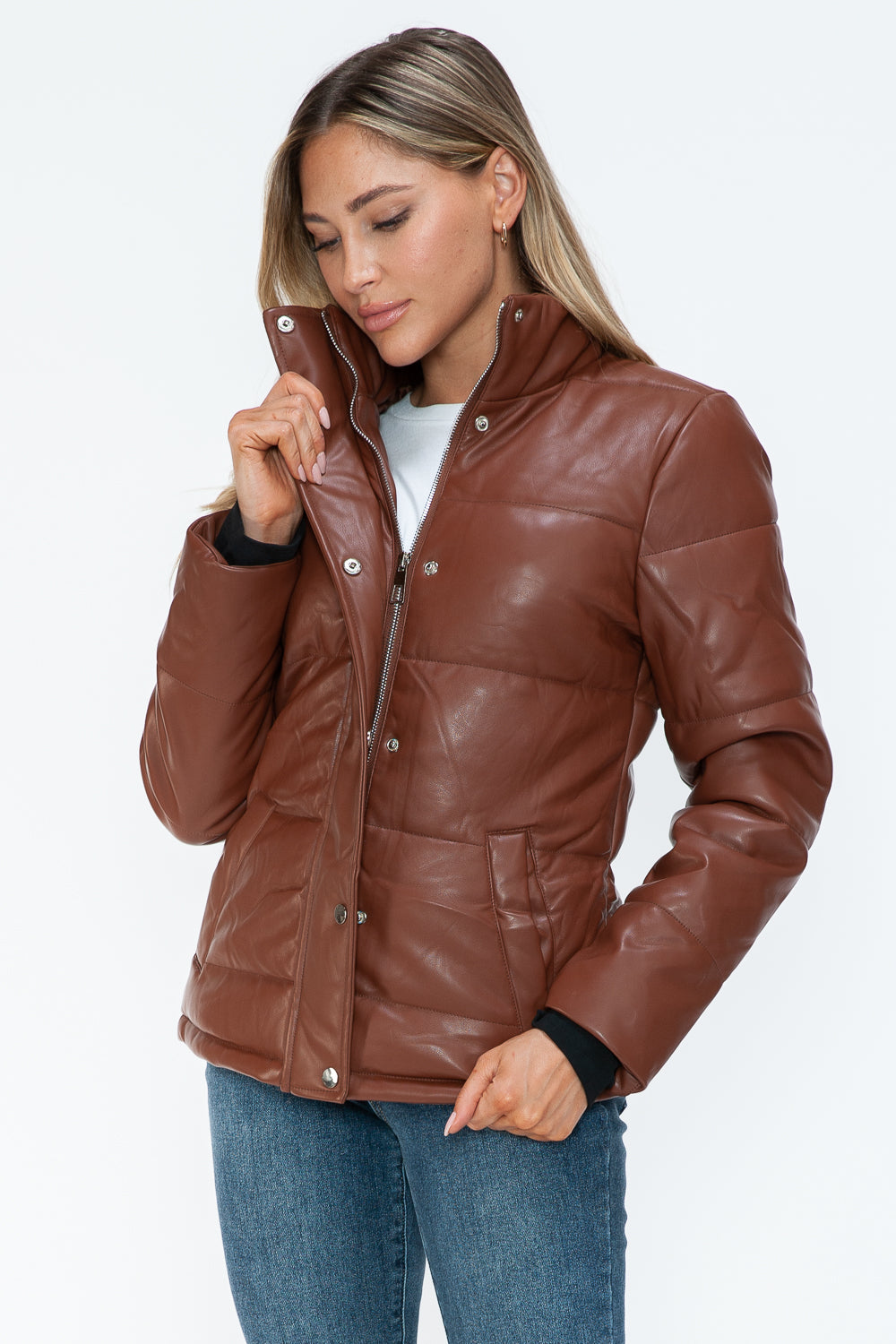 YMI Cozy Perfection Pocketed Zip Up Turtleneck Puffer Jacket in Brandy