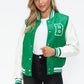 Love Me Now Bring The Love PU Leather Contrast Snap Down Bomber Jacket in Green/Milk