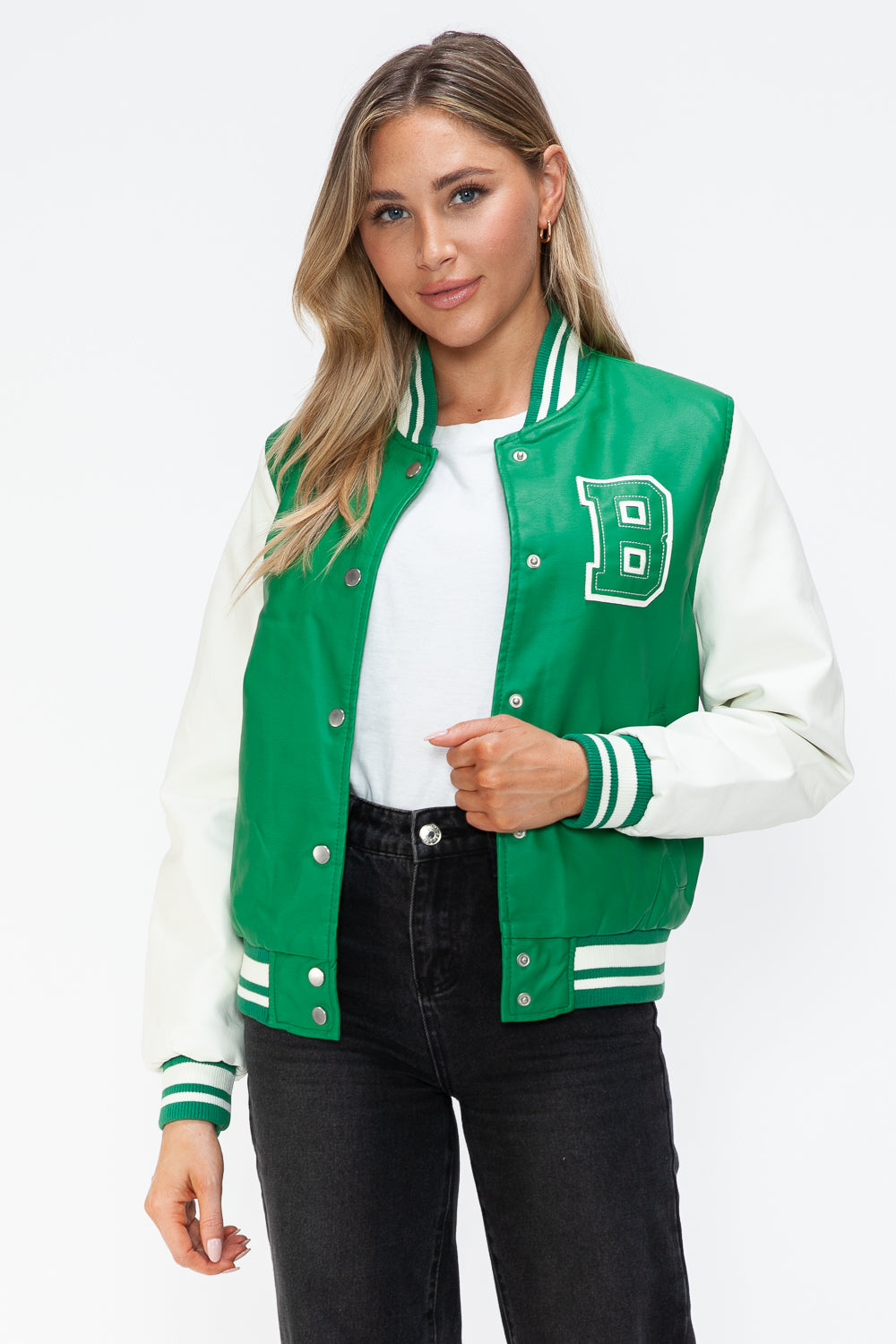 Love Me Now Bring The Love PU Leather Contrast Snap Down Bomber Jacket in Green/Milk