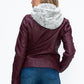 YMI Fuzzy Feels Faux Layered Double-Zipper Jacket with Fuzzy Hood in Wine