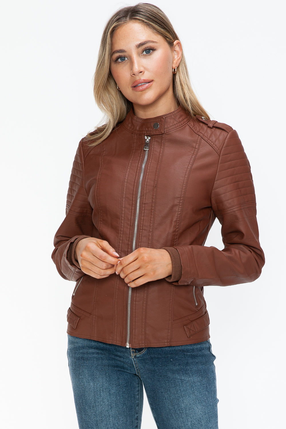 Snobbish Born To Ride PU Leather Biker Jacket with Side Zip Pockets in Brandy