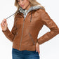 YMI Fuzzy Feels Faux Layered Double-Zipper Jacket with Fuzzy Hood in Camel