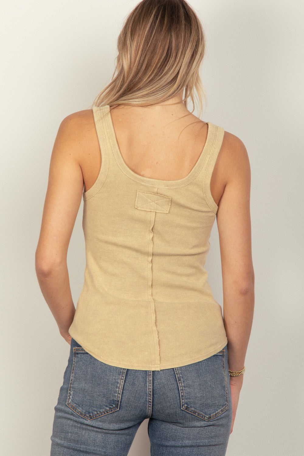 VERY J Vintage Skies Washed Ribbed Tank Top with Placket Detail in Beige