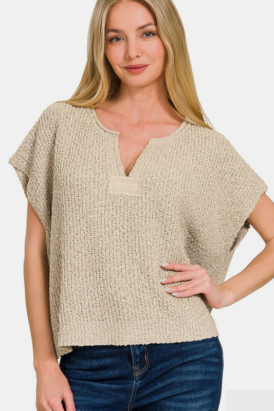 Zenana A Timeless Reality Short Sleeve Side Slit Sweater in H Mocha