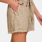 Zenana Summer Memories Washed Linen Frayed Hem Drawstring Shorts in Beige