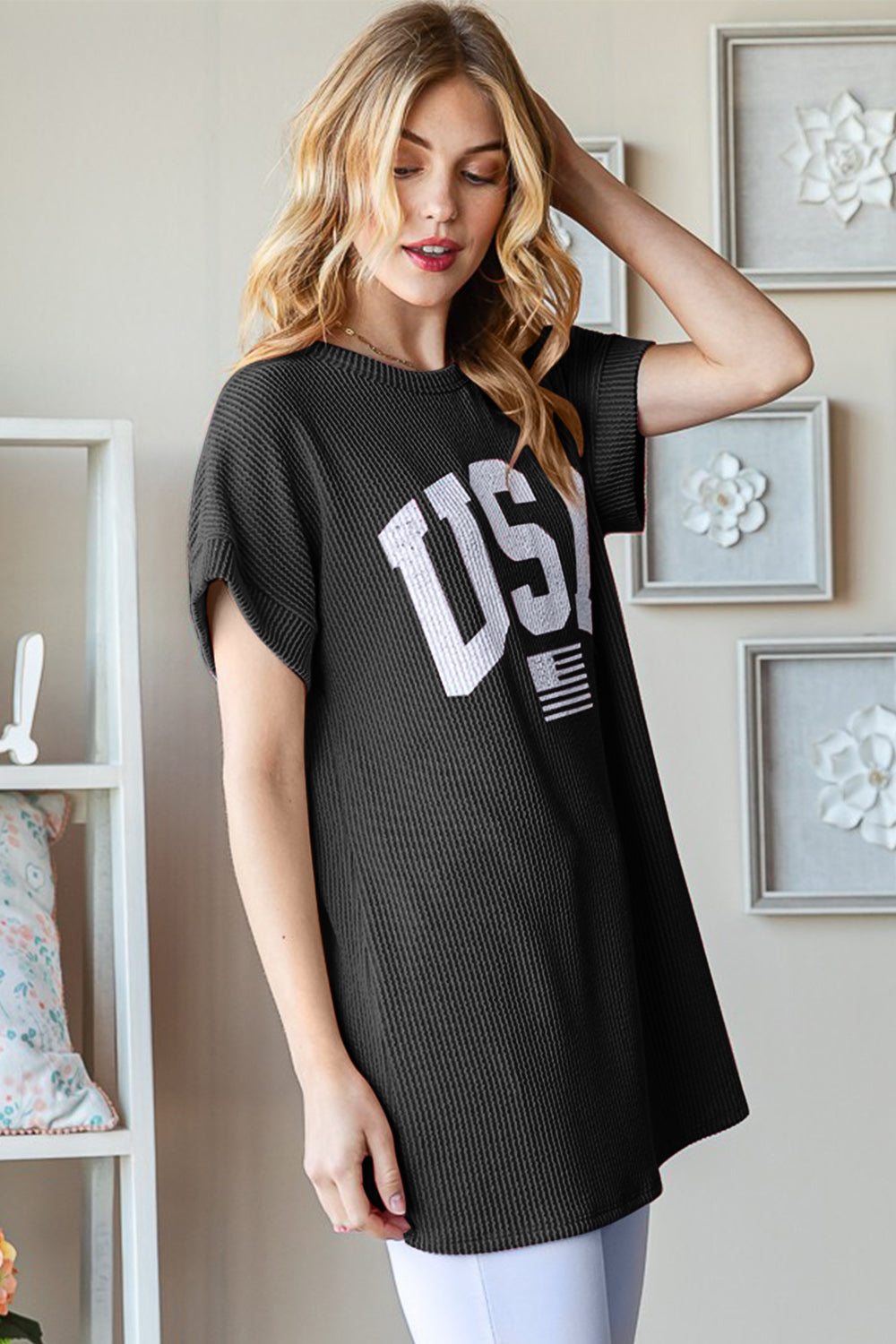 Heimish U S A Graphic Short Sleeve Ribbed Top in Black
