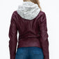 YMI Fuzzy Feels Faux Layered Double-Zipper Jacket with Fuzzy Hood in Wine