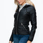 YMI Fuzzy Feels Faux Layered Double-Zipper Jacket with Fuzzy Hood in Black