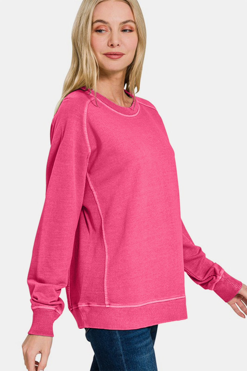 Zenana Hot Pink Cuddles Pigment Dyed French Terry Sweatshirt