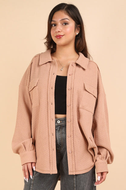 VERY J I'm Covered Button Down Textured Knit Shacket in Blush