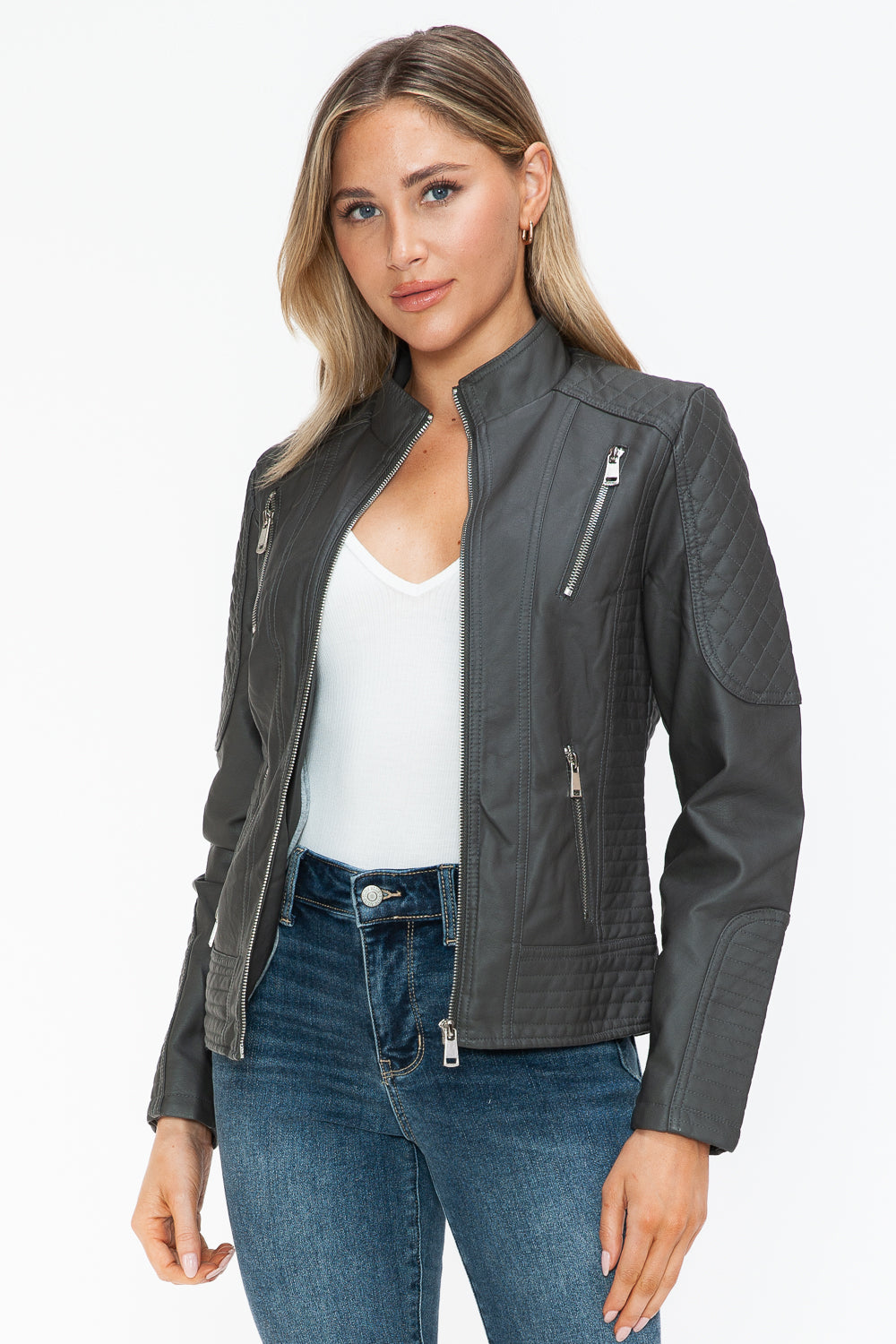 Snobbish Ready To Own The Night Faux Leather Zip Up Mock Neck Jacket in Charcoal