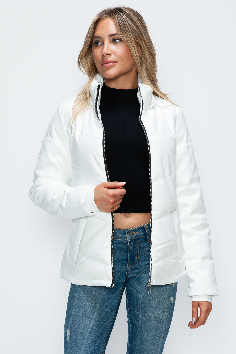 How Dare U Embrace The Chill Pocketed Zip Up Puffer Jacket with Removable Hood in White