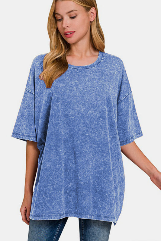 Zenana No Worries Washed Drop Shoulder Oversized T-Shirt in Blue