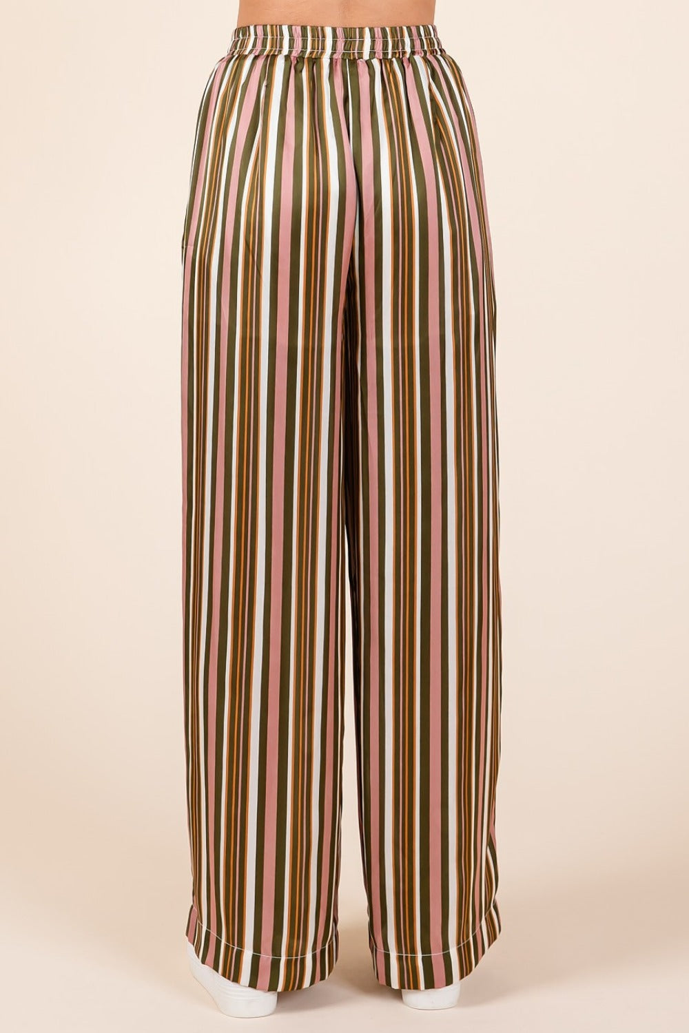 Mittoshop Oh Hey There Striped Satin Elastic Waist Wide Leg Pants in Mauve Multi