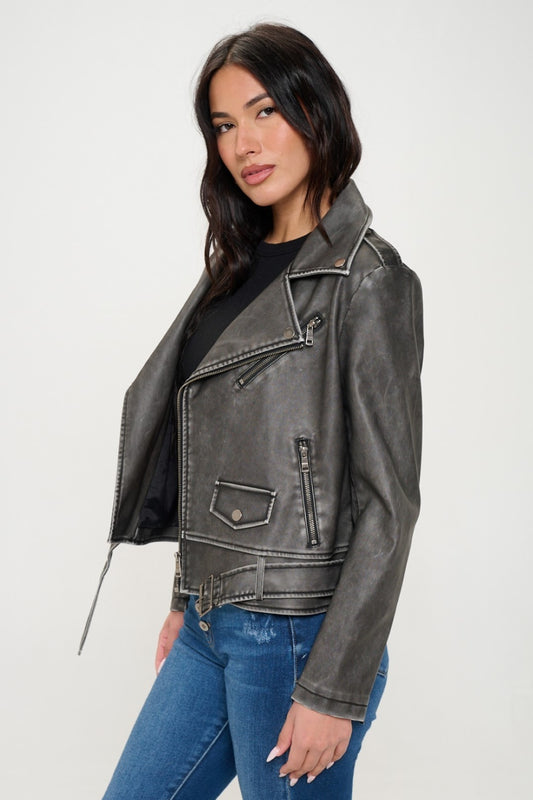 Coalition LA Biker Chic Zip Up Biker Jacket with Belt in Black
