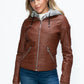 YMI Fuzzy Feels Faux Layered Double-Zipper Jacket with Fuzzy Hood in Brandy