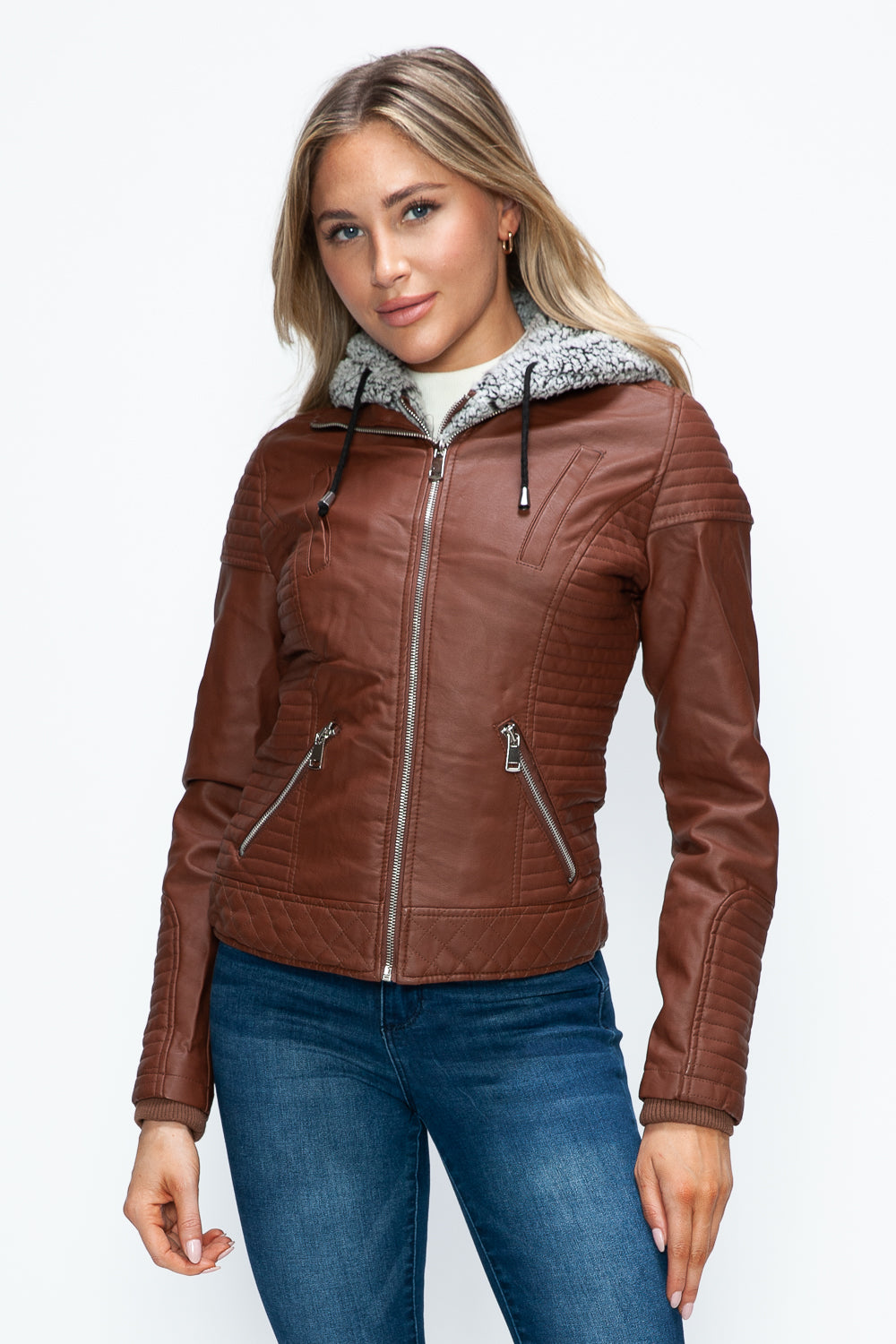 YMI Fuzzy Feels Faux Layered Double-Zipper Jacket with Fuzzy Hood in Brandy