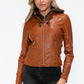 Snobbish Embrace The Day Faux Leather Zip Up Drawstring Hooded Jacket in Camel