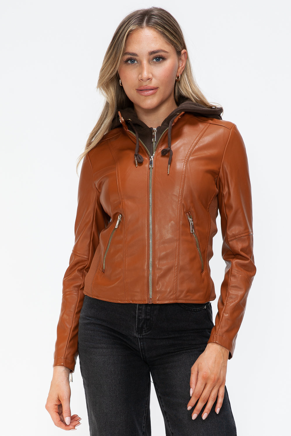 Snobbish Embrace The Day Faux Leather Zip Up Drawstring Hooded Jacket in Camel