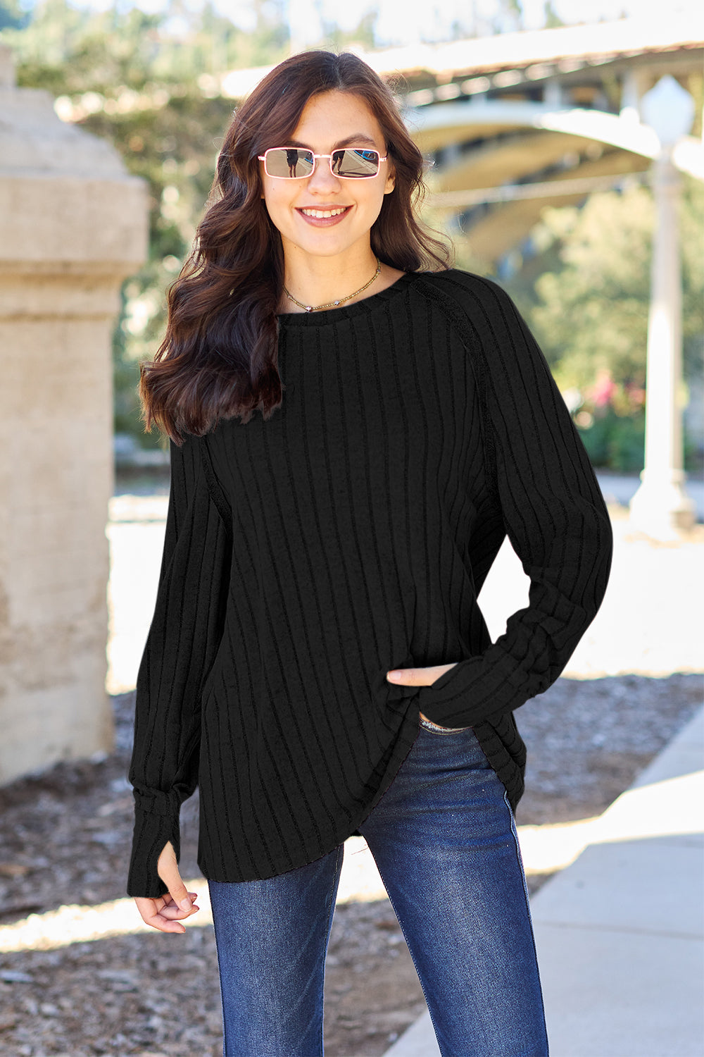 Basic Bae Ready to Slay Ribbed Round Neck Long Sleeve Knit Top