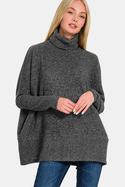 Zenana Never Let You Go Brushed Melange Hacci Turtleneck Sweater in Black