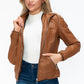 YMI Fuzzy Feels Faux Layered Double-Zipper Jacket with Fuzzy Hood in Camel