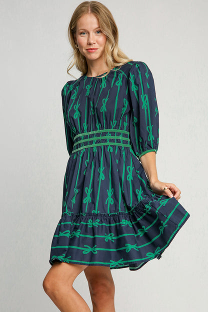 Umgee When Life Gives You Ribbons Print Frill Contrast Velvet Trim Half Sleeve Dress in Navy