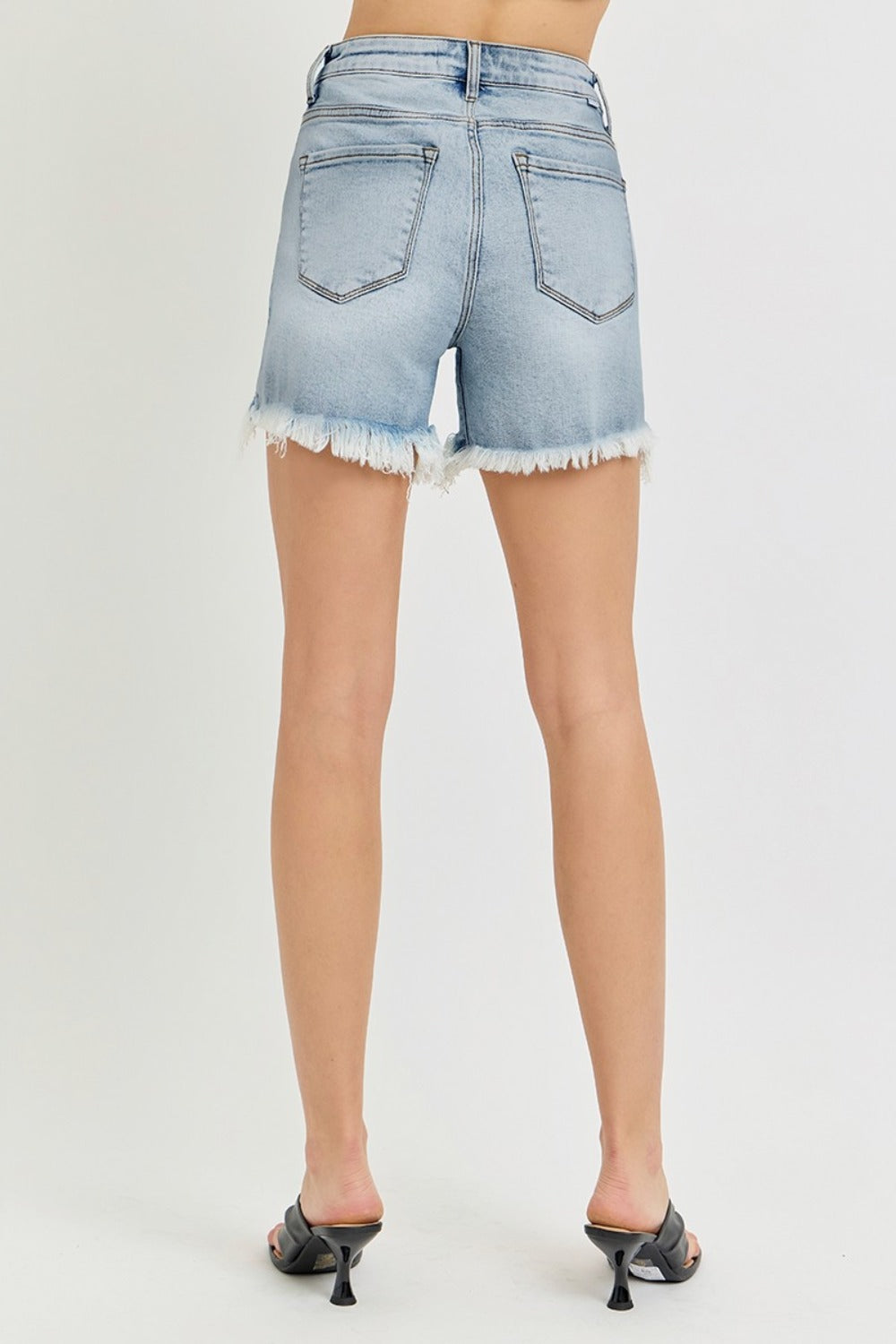 RISEN Olivia High Rise Side Step Hem Denim Shorts in Light