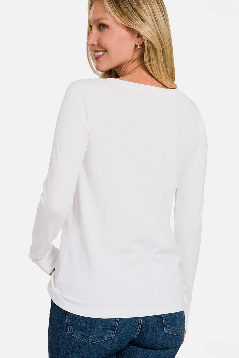 Zenana Make Your Mark V-Neck Long Sleeve T-Shirt in White