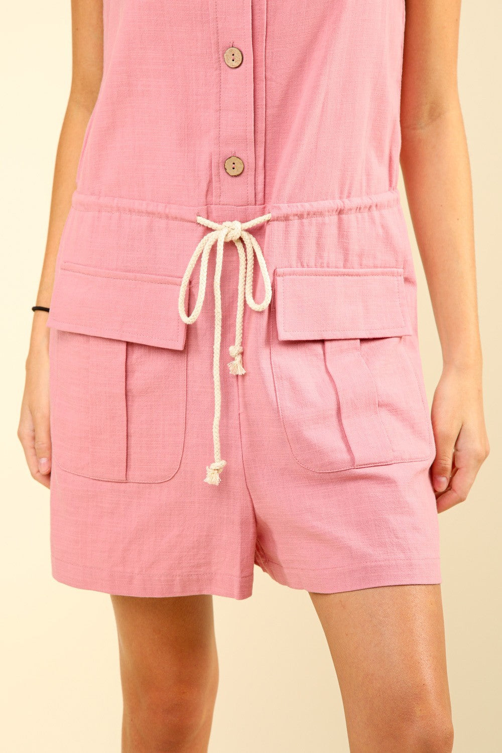 VERY J Chilled Out Half Button Drawstring Sleeveless Romper in Blush